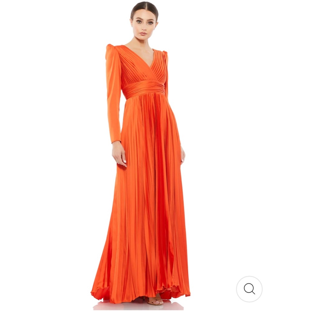 Mac Duggal Bright Orange Pleated V-Neck Long Sleeve Gown